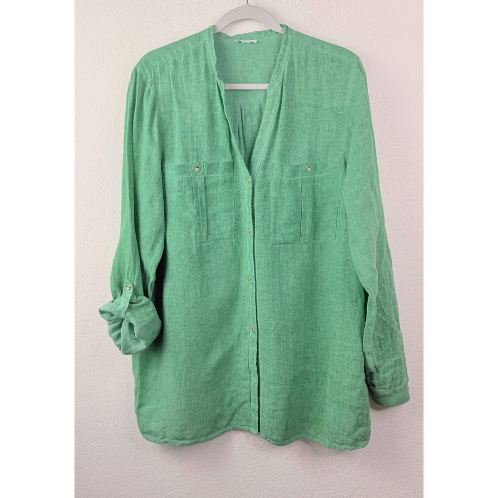 J.Jill Love Linen Shirt Women XL Green Button Up Blouse Roll Tab Sleeve Coastal
